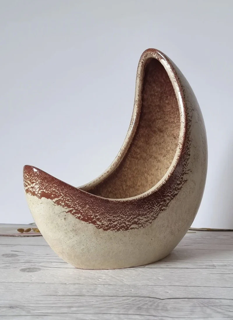 Bertoncello Screziato Havana Cream and Sienna Glaze, Modernist Crescent Moon Planter Vase, 60s-80s - Image 4