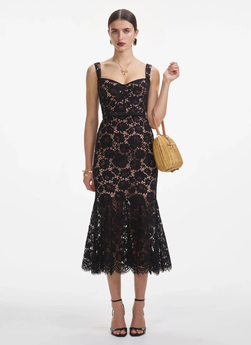 Fine Lace Belted Midi Dress