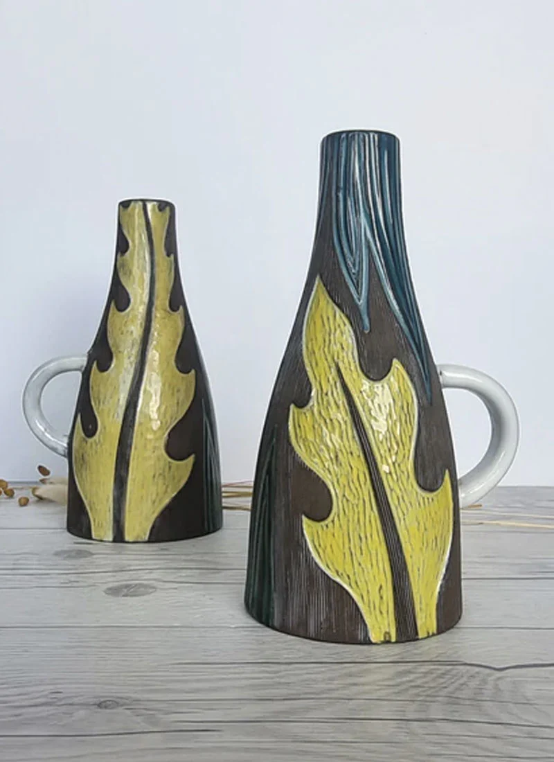 Mari Simmulson for Upsala Ekeby Pair of 1960 Agave Series  Incised Leaf Polychrome Glaze Jug Vases - Image 3