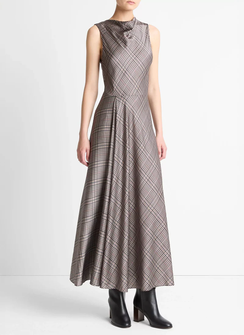Pressed Plaid Cowl Neck Dress - Image 3