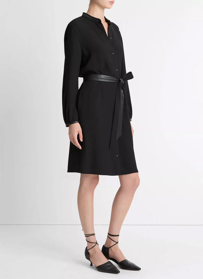 Faux-Leather-Trim Crepe Shirt Dress - Image 3
