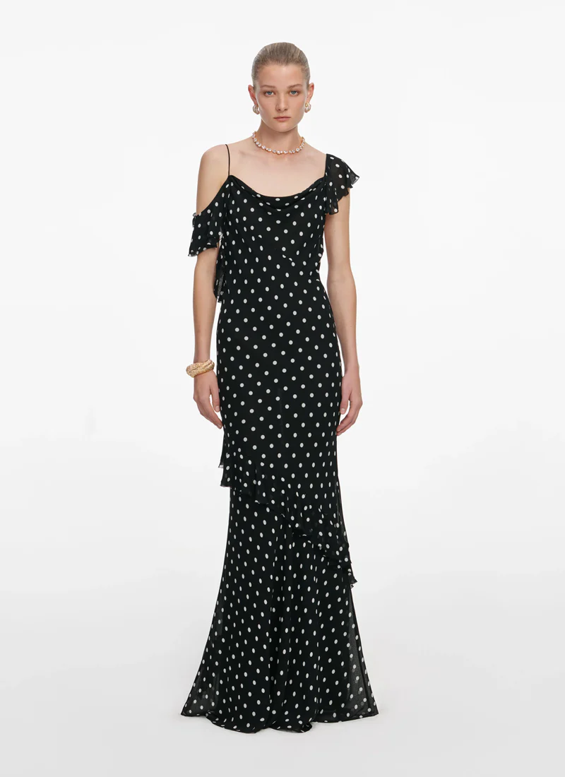 Black Polka Dot Georgette Maxi Dress
