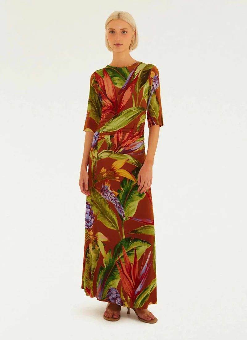 Florart Brown Short Sleeve Midi Dress