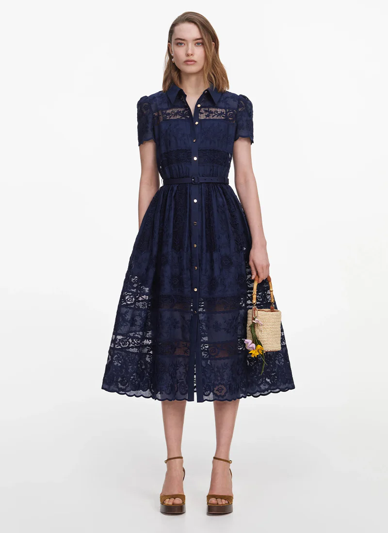 Navy Ramie Collared Midi Dress