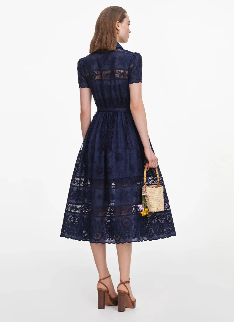 Navy Ramie Collared Midi Dress - Image 3