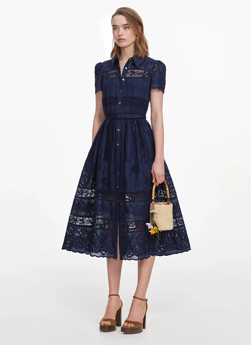 Navy Ramie Collared Midi Dress - Image 4