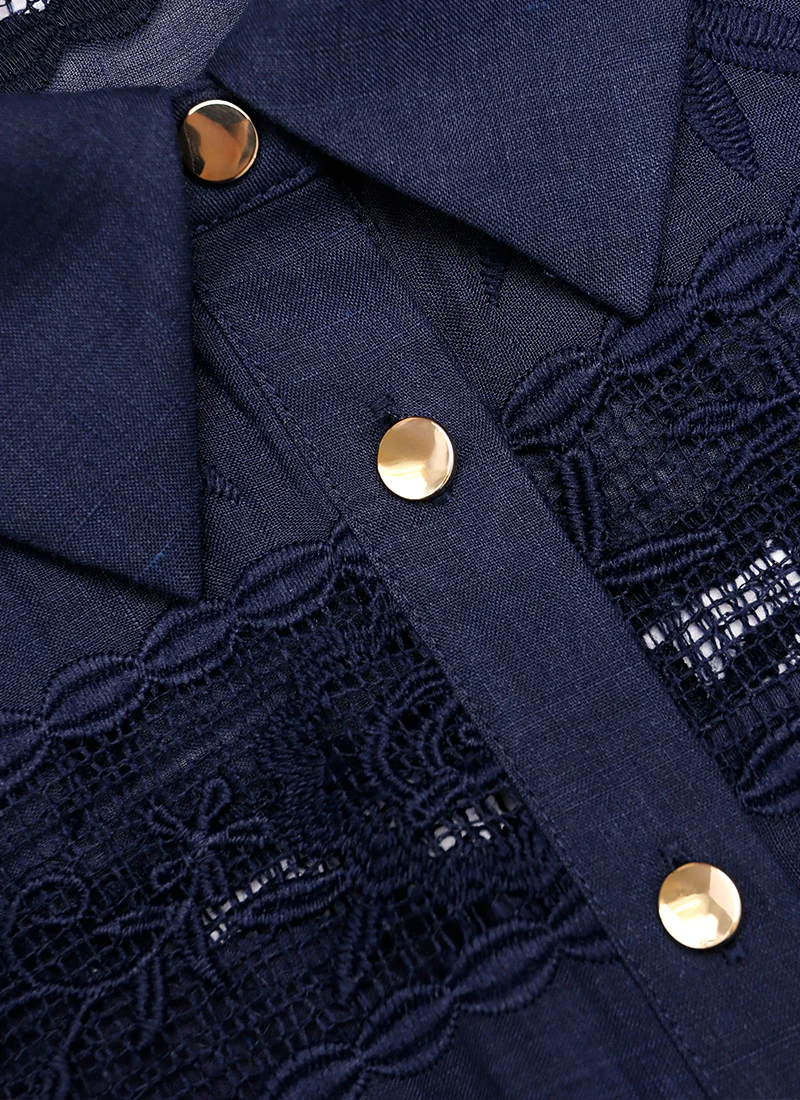 Navy Ramie Collared Midi Dress - Image 6