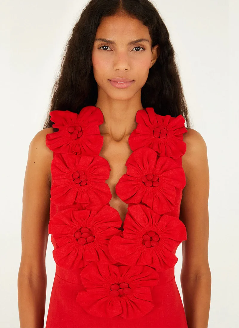 Red 3D Flower Euroflax Sleeveless Midi Dress - Image 4
