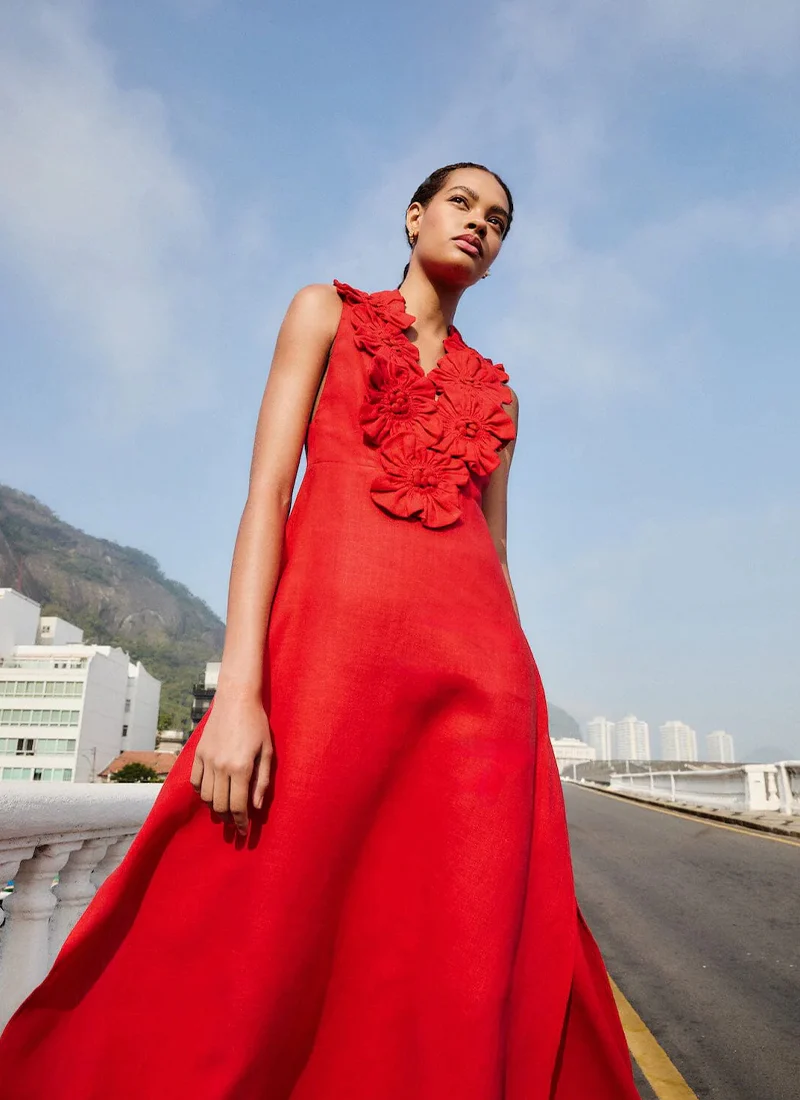 Red 3D Flower Euroflax Sleeveless Midi Dress - Image 5