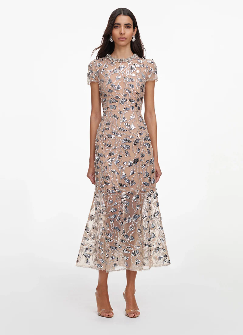 Silver Sequin Embellished Midi Dress