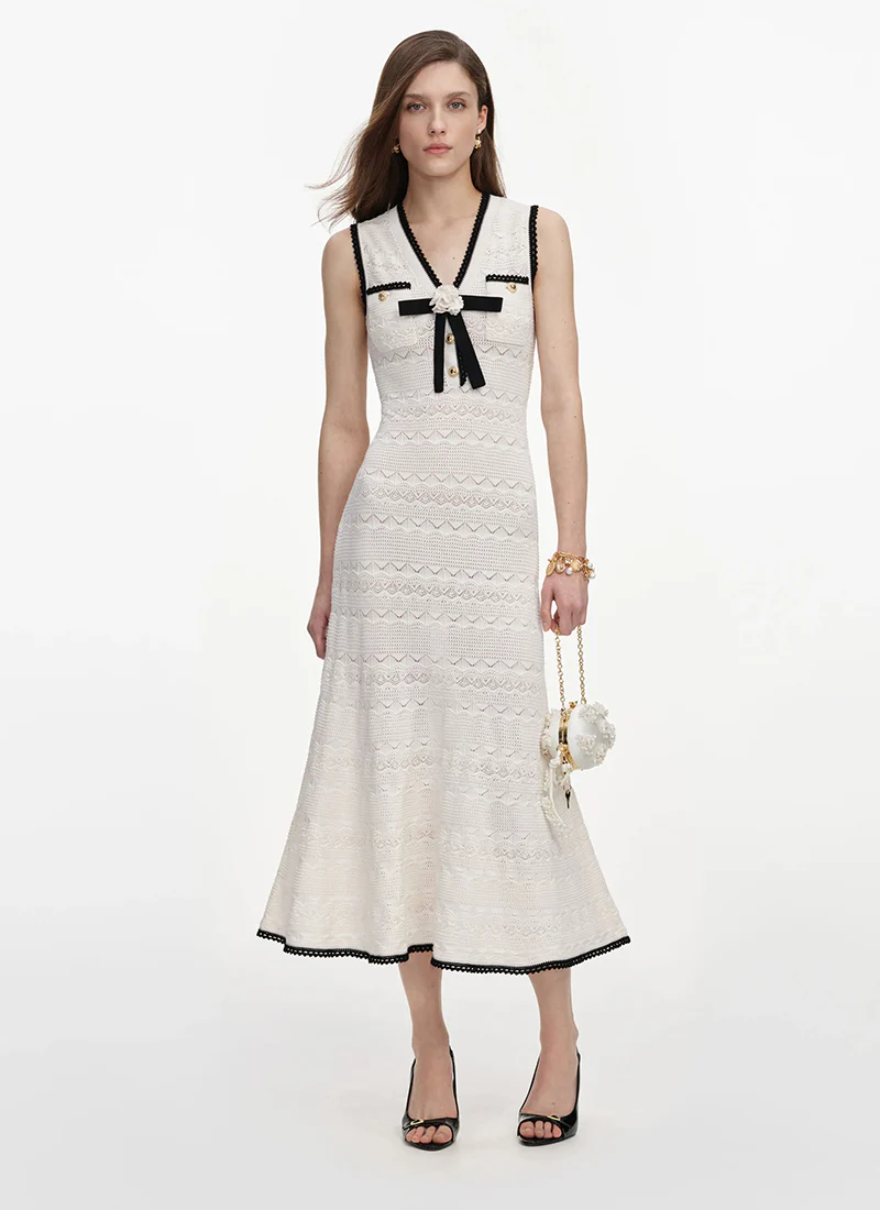White Pointelle Knit Midi Dress
