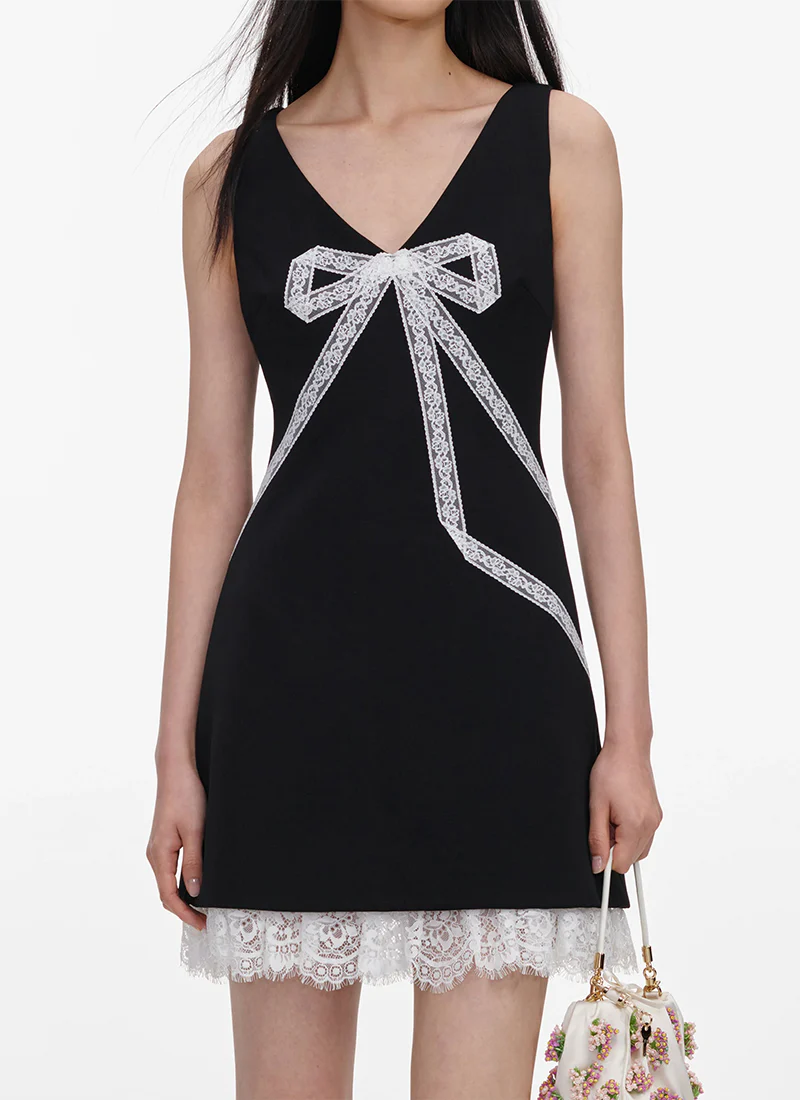 Black Crepe Bow Lace Mini Dress - Image 2