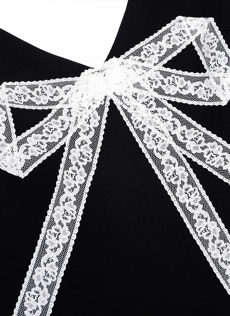 Black Crepe Bow Lace Mini Dress - Image 6