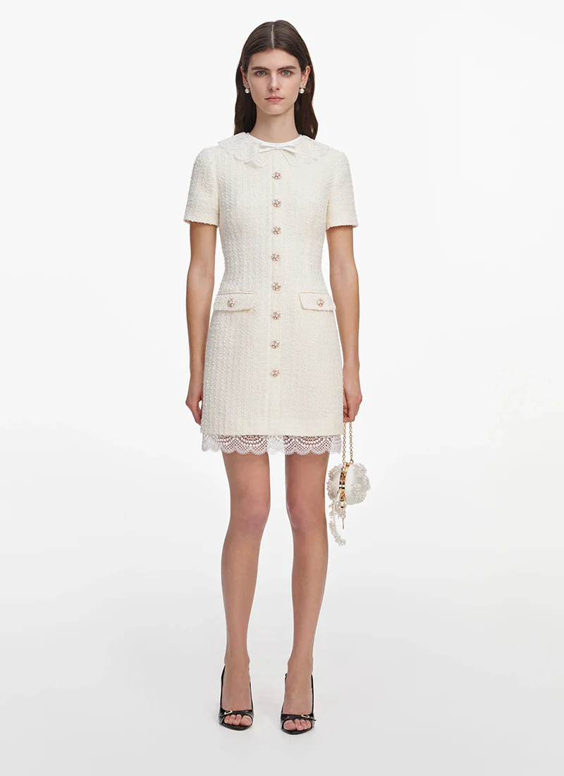 Cream Boucle Lace Trim Mini Dress
