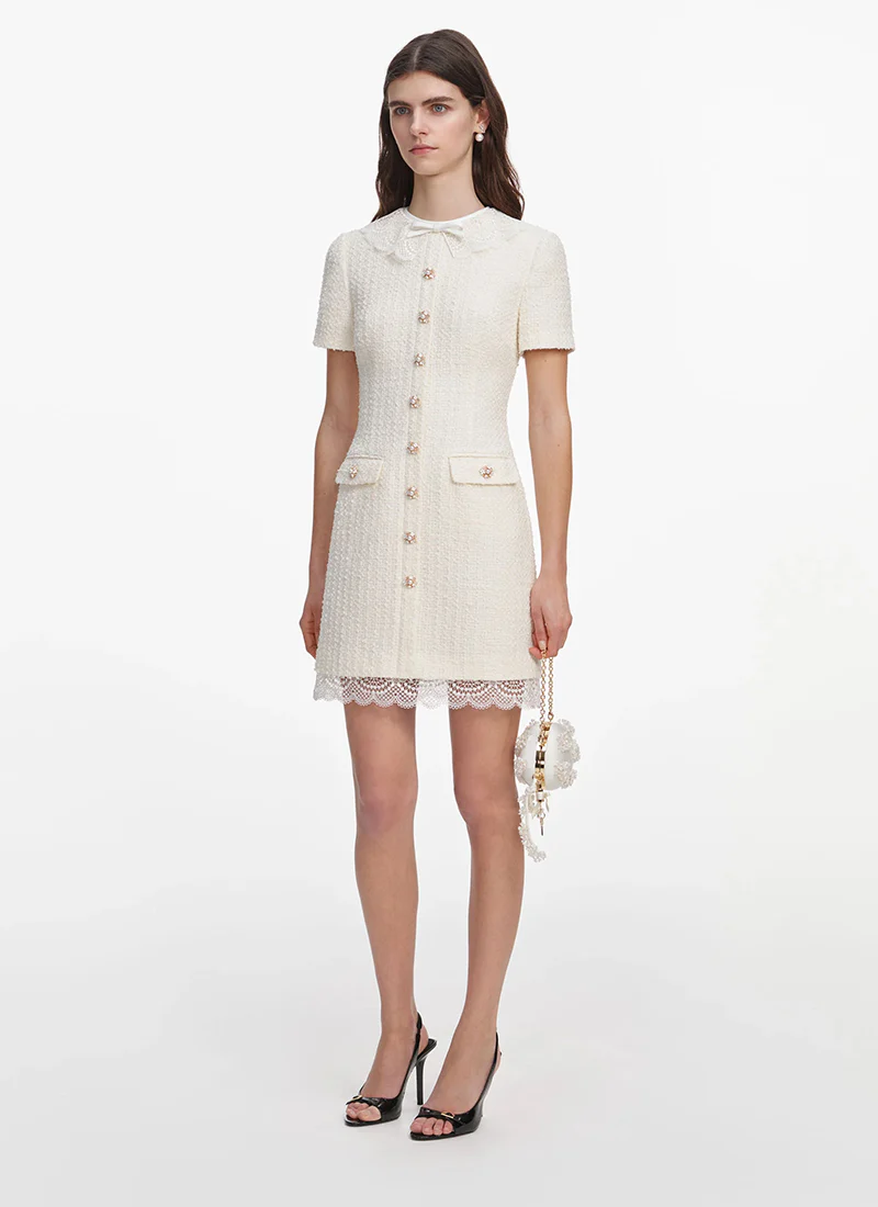 Cream Boucle Lace Trim Mini Dress - Image 2