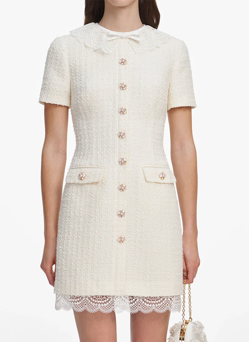 Cream Boucle Lace Trim Mini Dress - Image 3