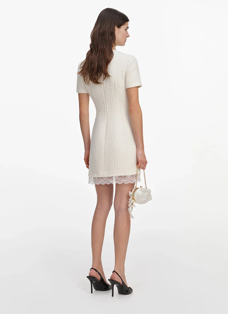 Cream Boucle Lace Trim Mini Dress - Image 4
