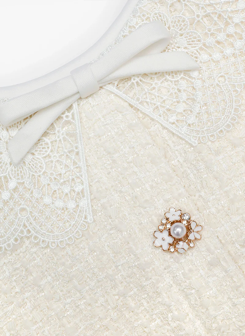 Cream Boucle Lace Trim Mini Dress - Image 5