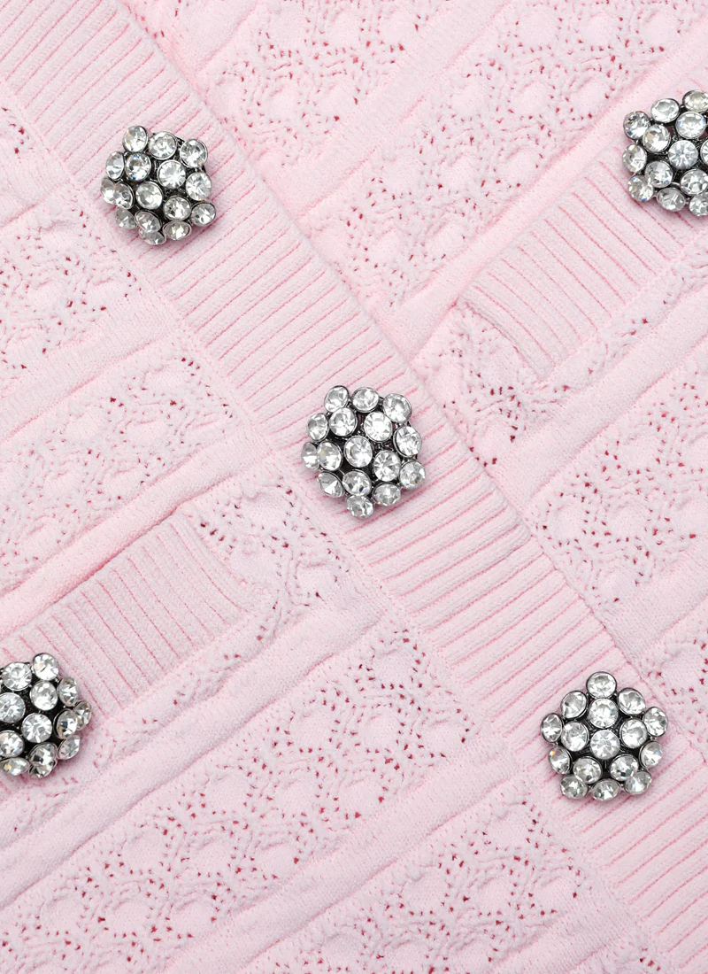 Pink Pointelle Diamante Knit Mini Dress - Image 5