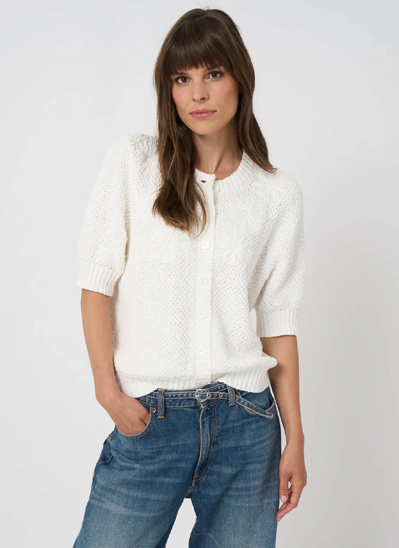 Floral Embroidered Textured Cotton Cardigan