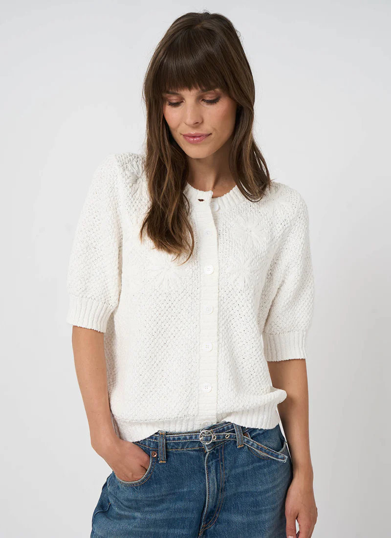 Floral Embroidered Textured Cotton Cardigan - Image 3