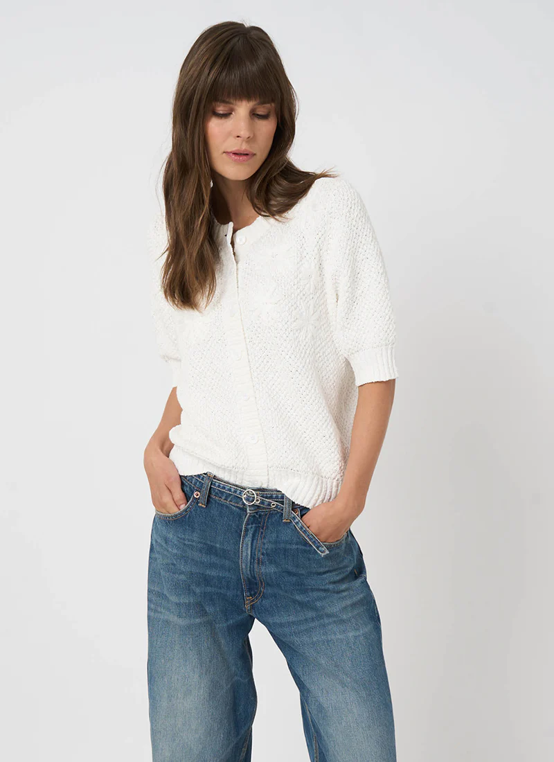 Floral Embroidered Textured Cotton Cardigan - Image 5