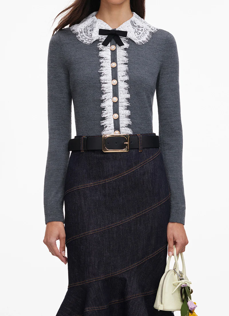 Grey Lace Collar Knit Cardigan - Image 4