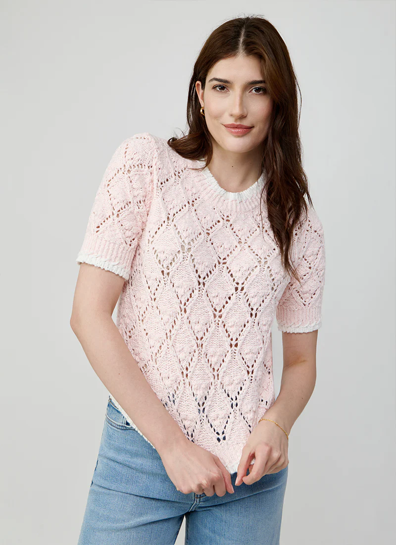 Fancy Popcorn Stitch Short Sleeve Crew Neck Sweater - Image 3