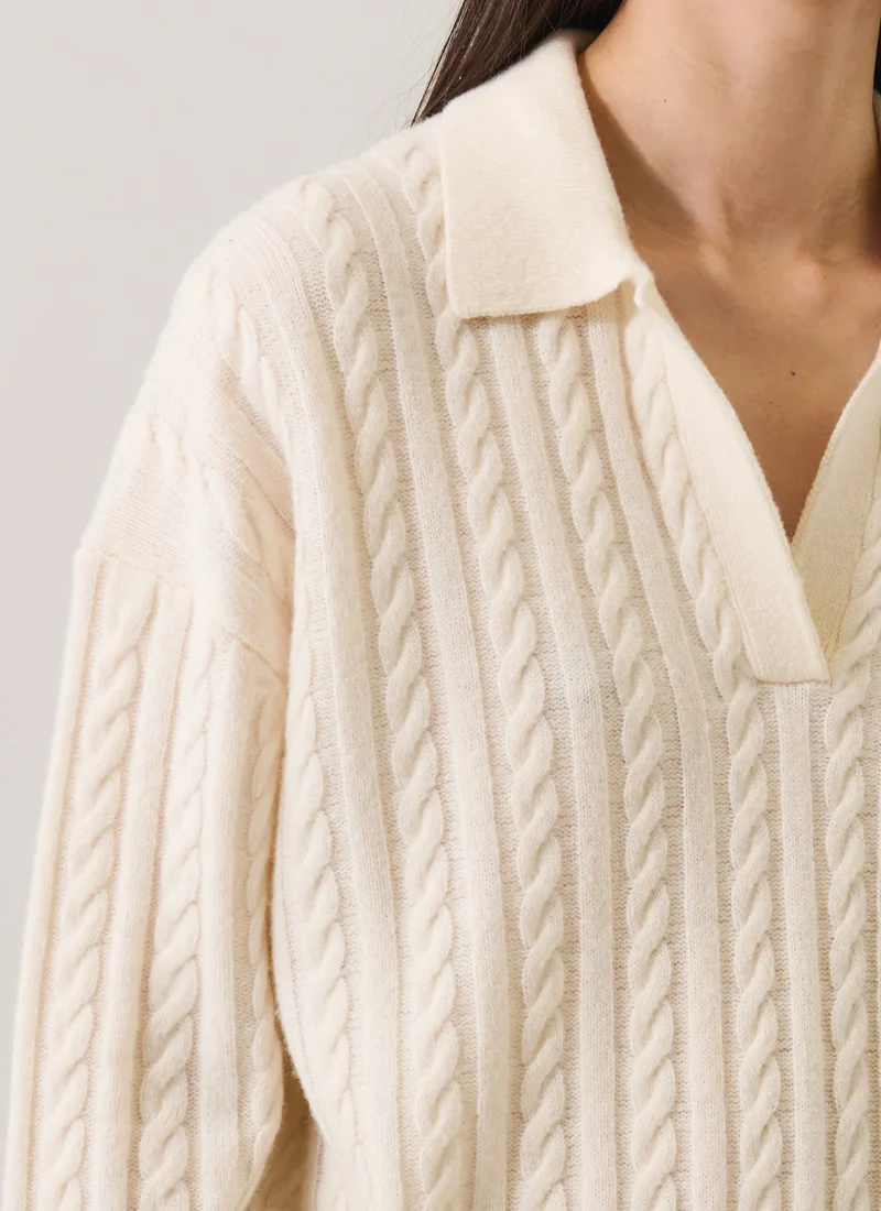 Superfine Wool Cable Relaxed Polo Sweater - Image 2