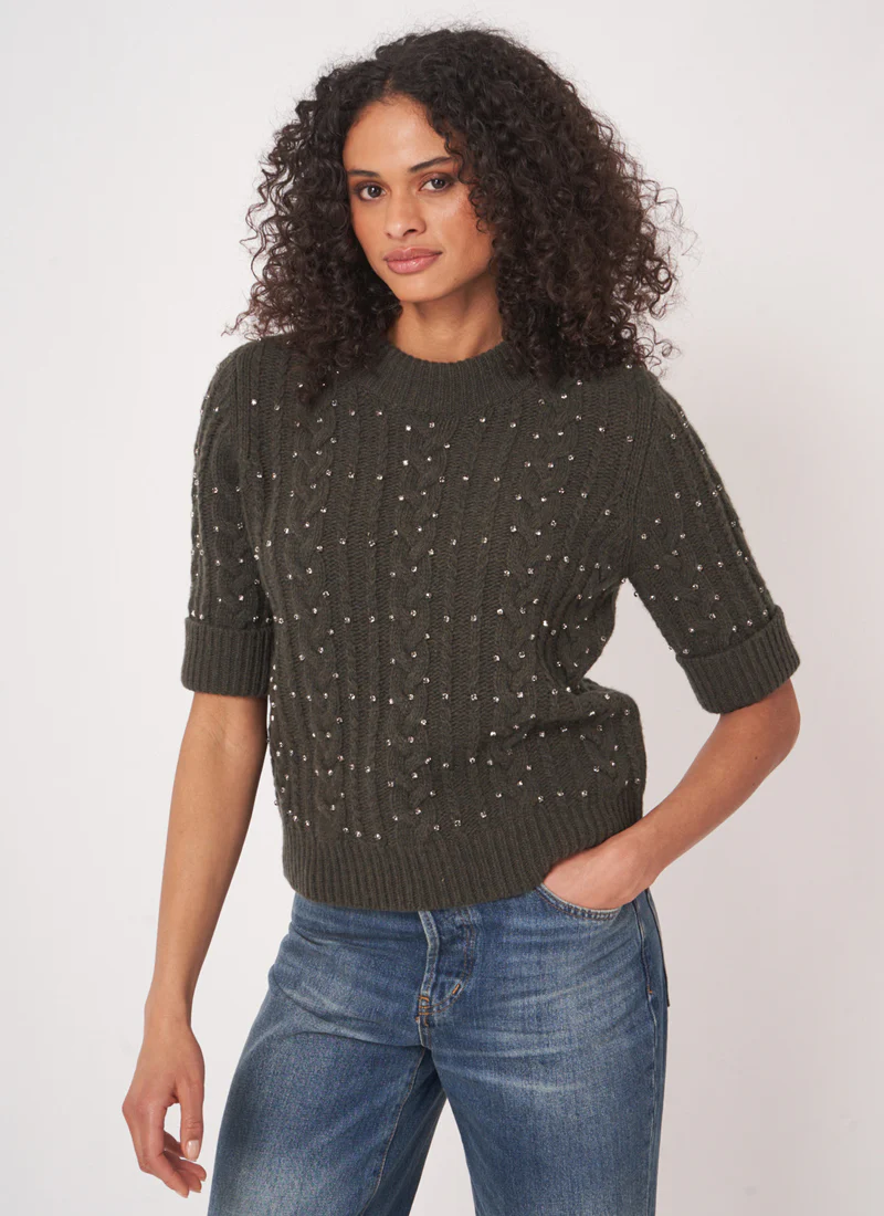 Extra fine Short Sleeve Crystal Embroidered Sweater - Image 4