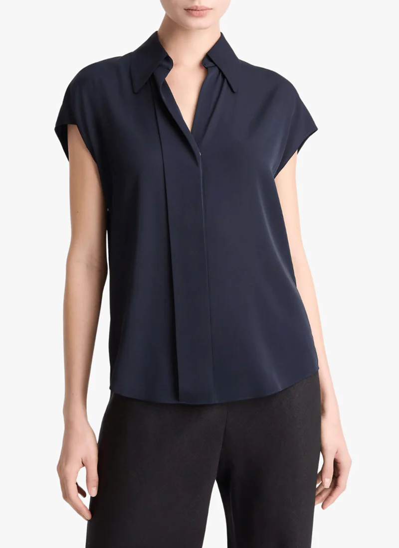 Stretch-Silk Hidden-Placket Cap-Sleeve Blouse
