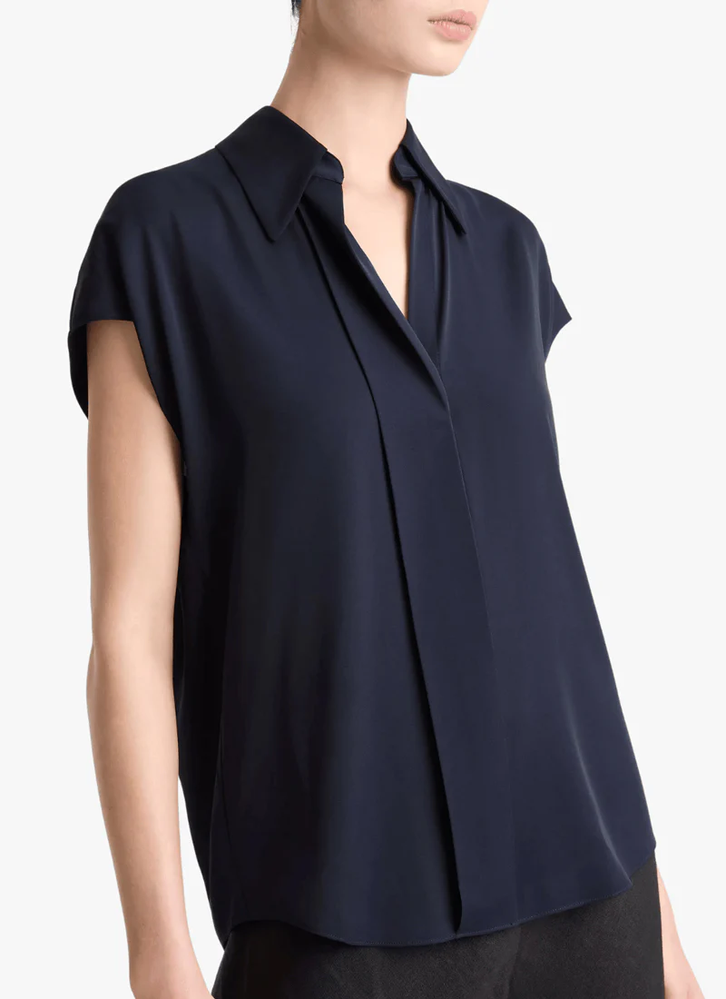 Stretch-Silk Hidden-Placket Cap-Sleeve Blouse - Image 3