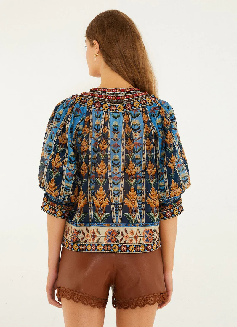 Embroidered Tapestry Tassels Puff Sleeve Blouse - Image 3
