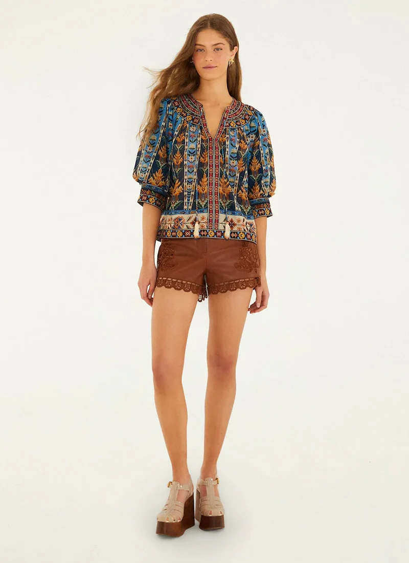 Embroidered Tapestry Tassels Puff Sleeve Blouse - Image 4