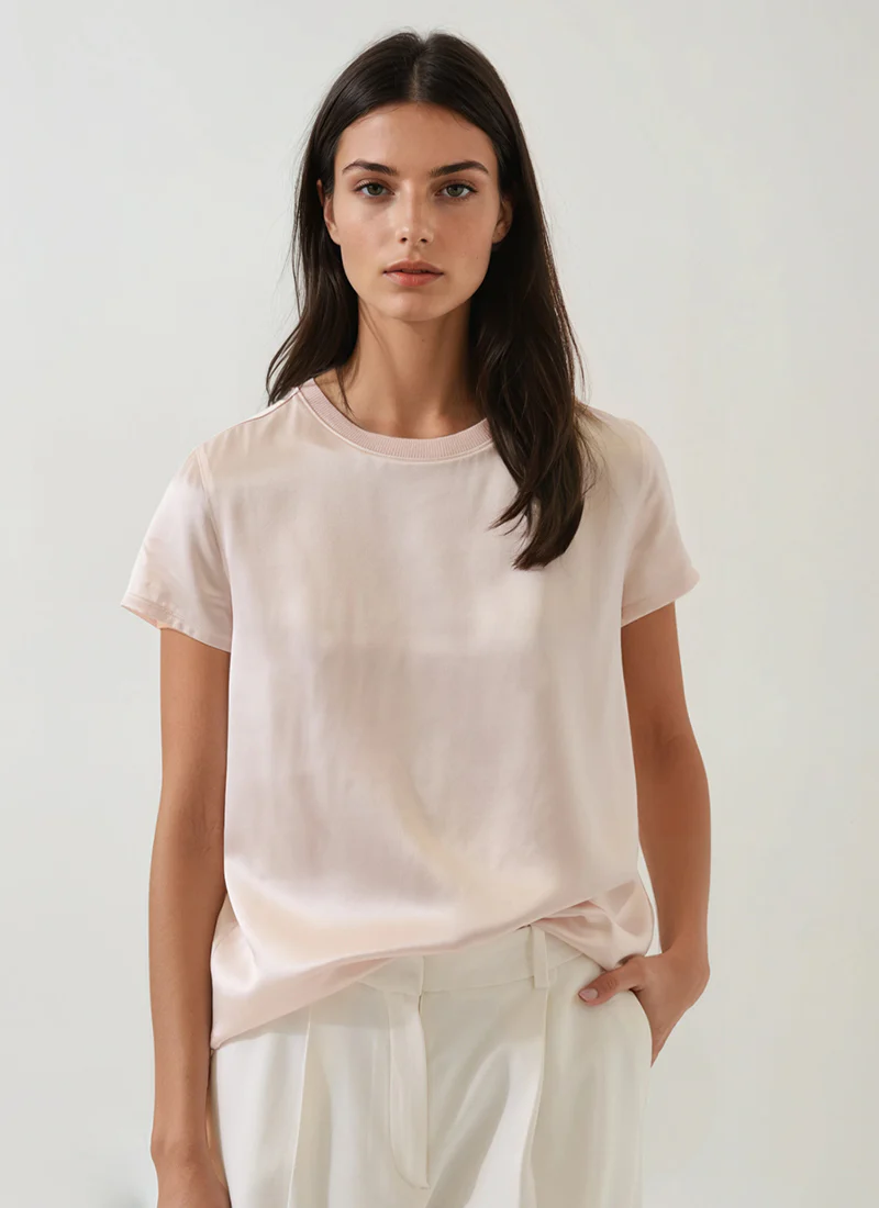 Short Sleeve Silk Satin Crew Neck Tee