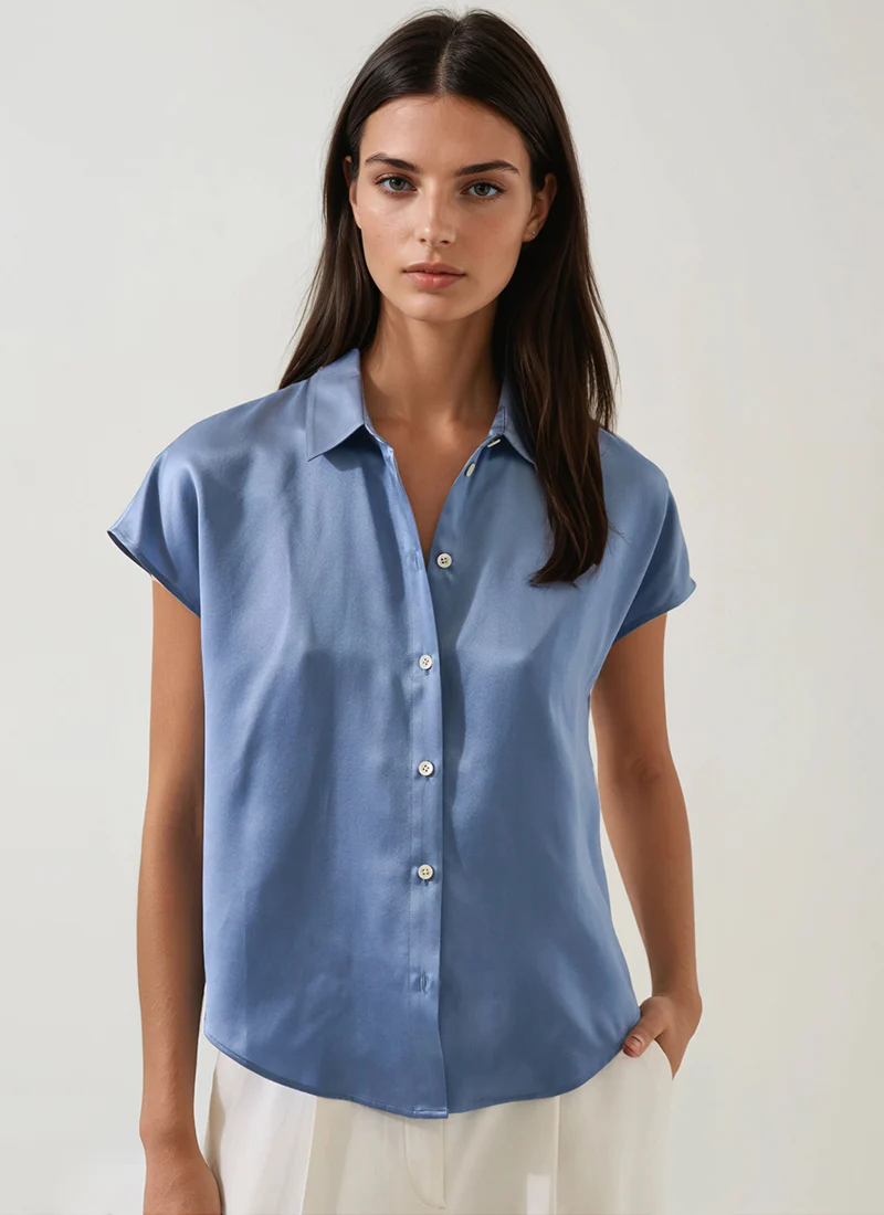 Short Sleeve Silk Satin Dolman Sleeve Shirt