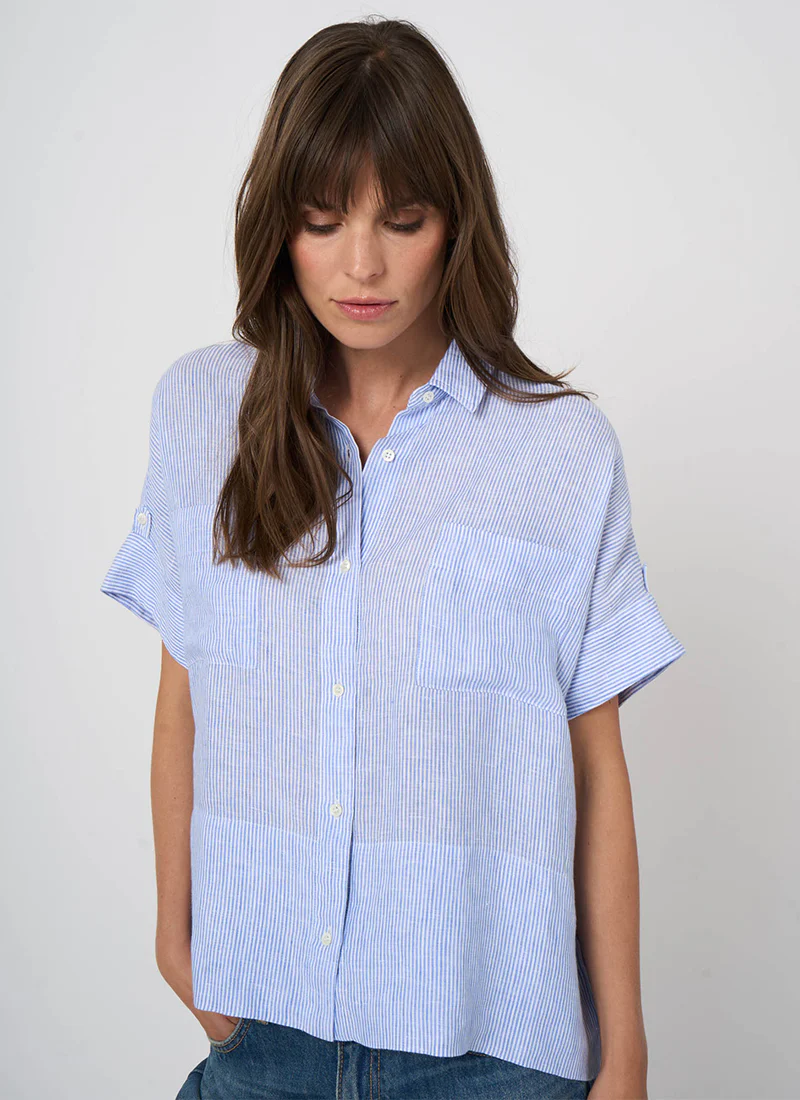 Linen Stripe Short Sleeve Blouse - Image 3