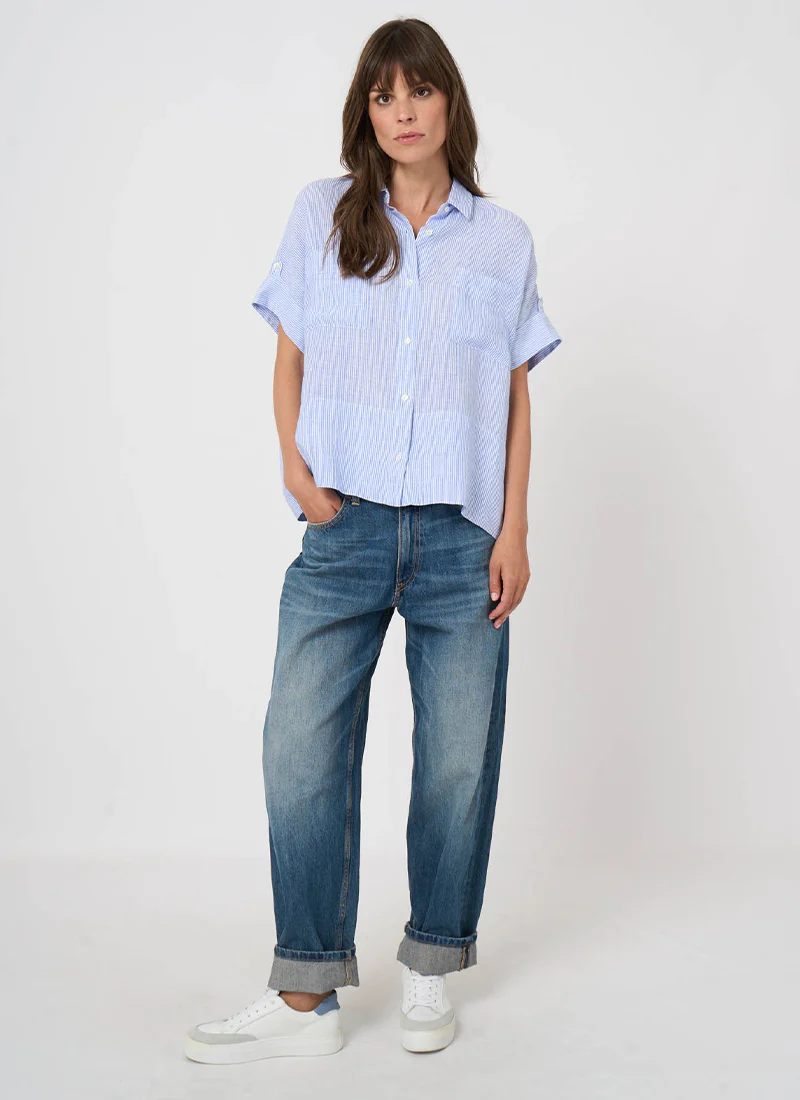 Linen Stripe Short Sleeve Blouse - Image 5
