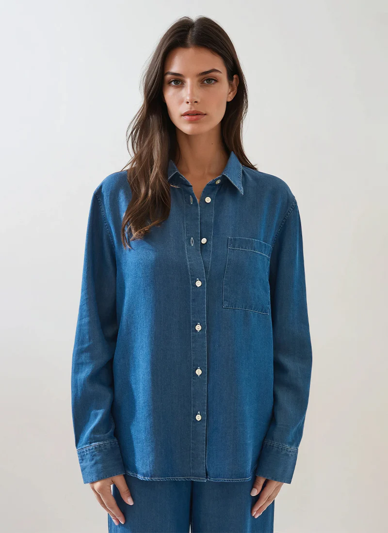 Long Sleeve Tencel Stonewash Boyfriend Pocket Shirt