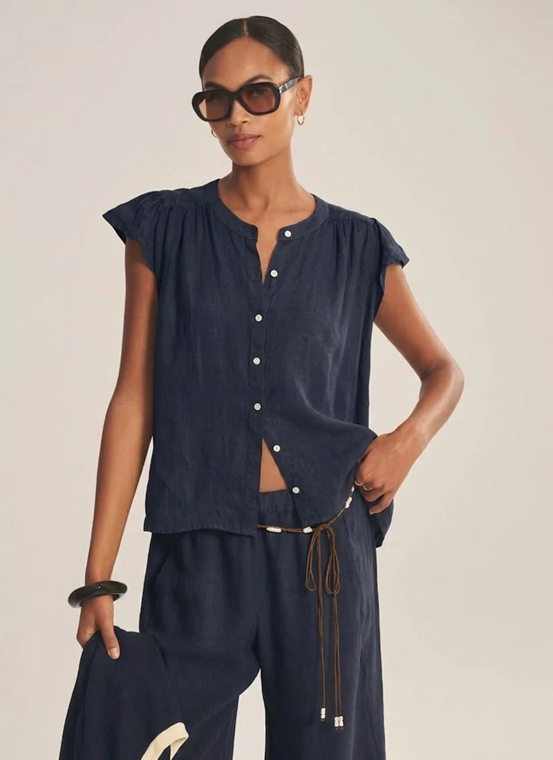 Janey Woven Linen Cap Sleeve Top