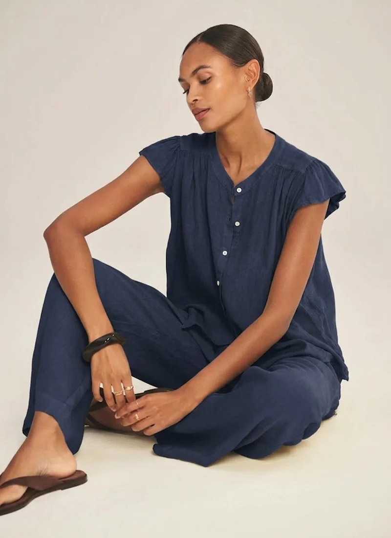 Janey Woven Linen Cap Sleeve Top - Image 5