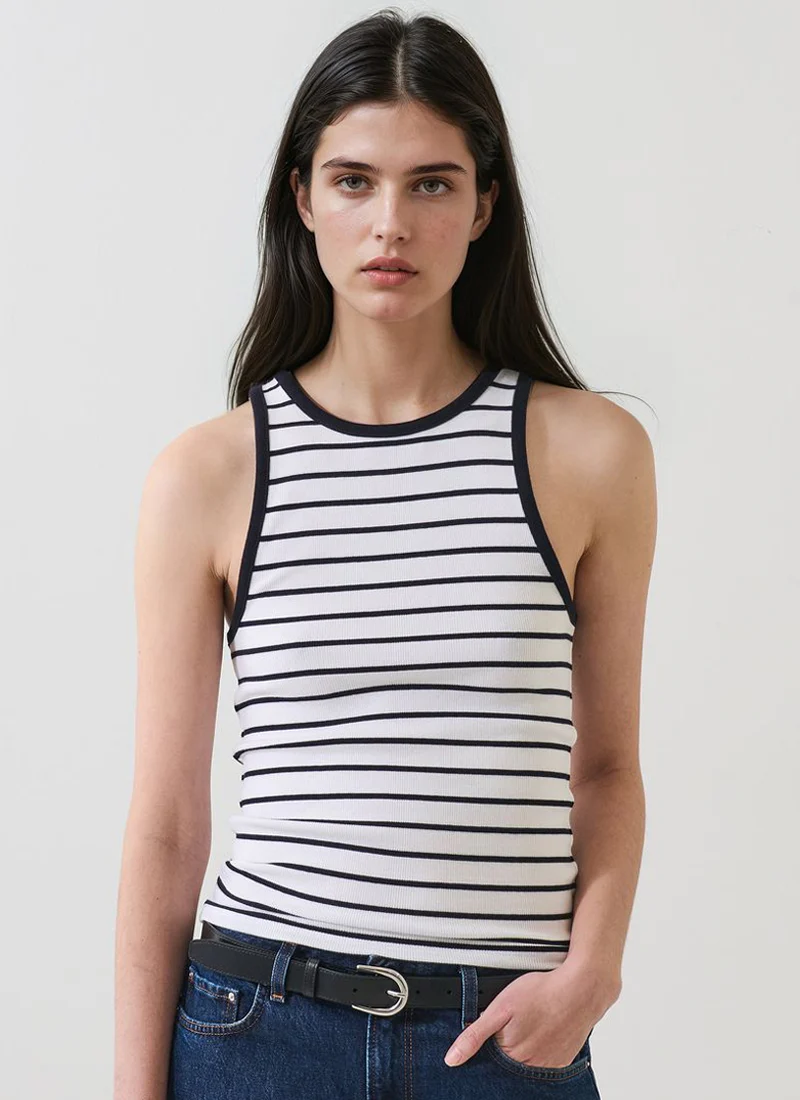 Stretch Striped Ribbed High Crew Tank